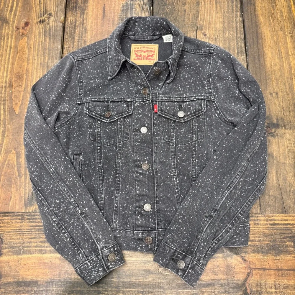 Levi Strauss Co Womens Black Speckled acid wash‎ Denim trucker Jacket Size Small